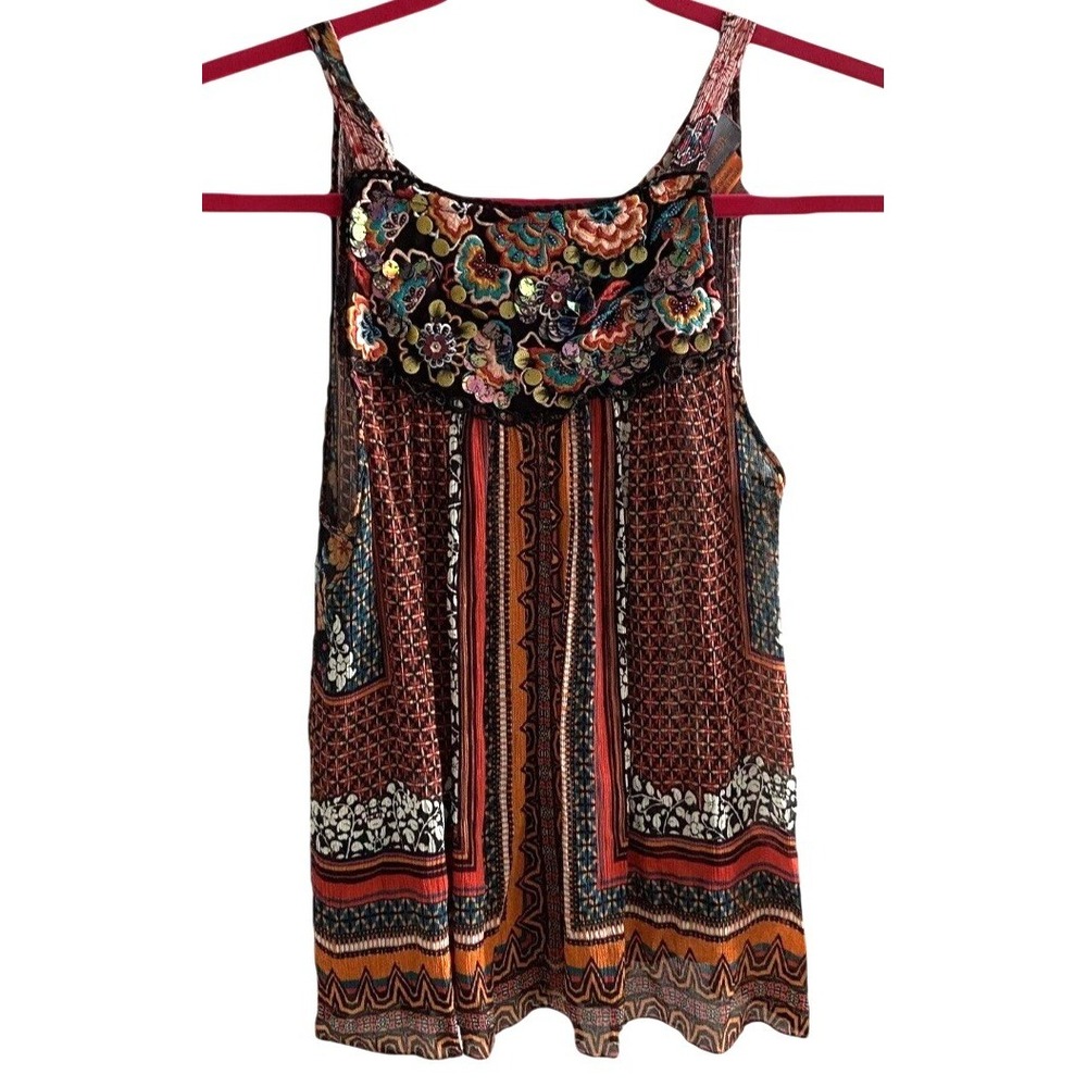 Bhanuni by Jyoti Boho Tank Top Womens XS Embroidered Mosaic Sequin Tie Back